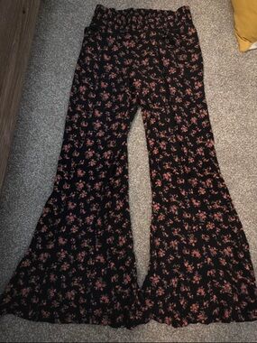 Black Boot‑Cut Pants with Pink Floral Print